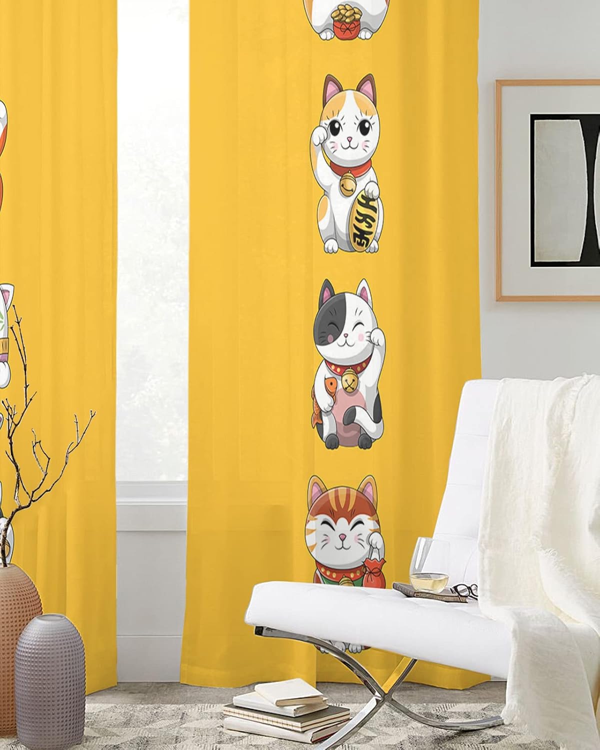 Falaniique Lucky-Cats Sheer Curtains 2 Panels Set