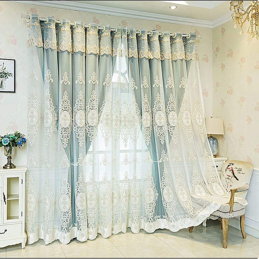 Amidoudou 1 Pair Double Layer Curtains with Valances Green 52x90 Inch