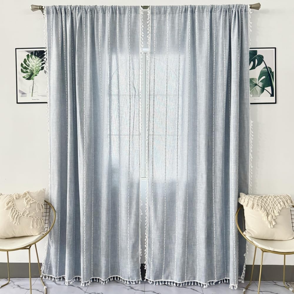 Amidoudou Striped Boho Curtain Pair Grayish Blue 54x96 Inch