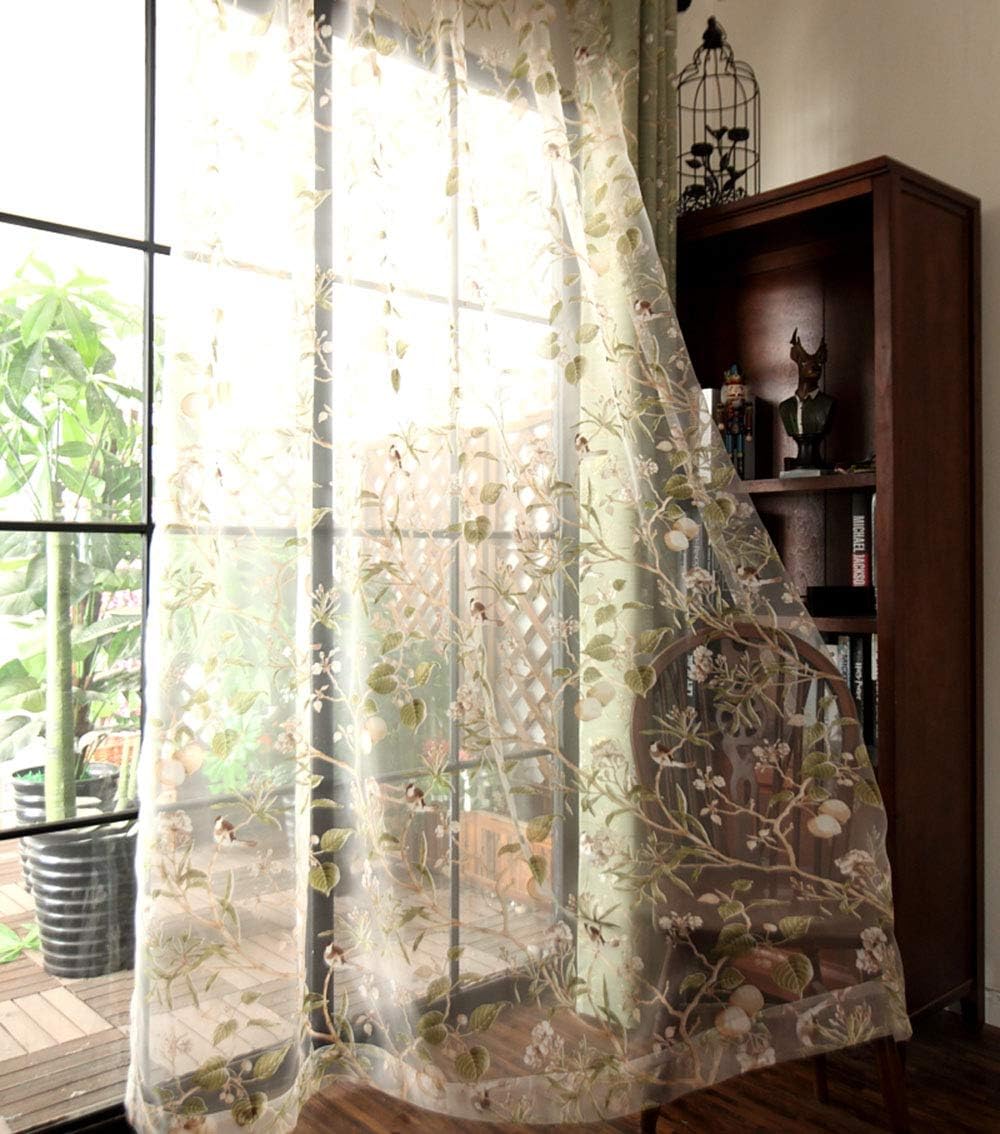 PureAqu Floral Birds Design Sheer Curtain Panel