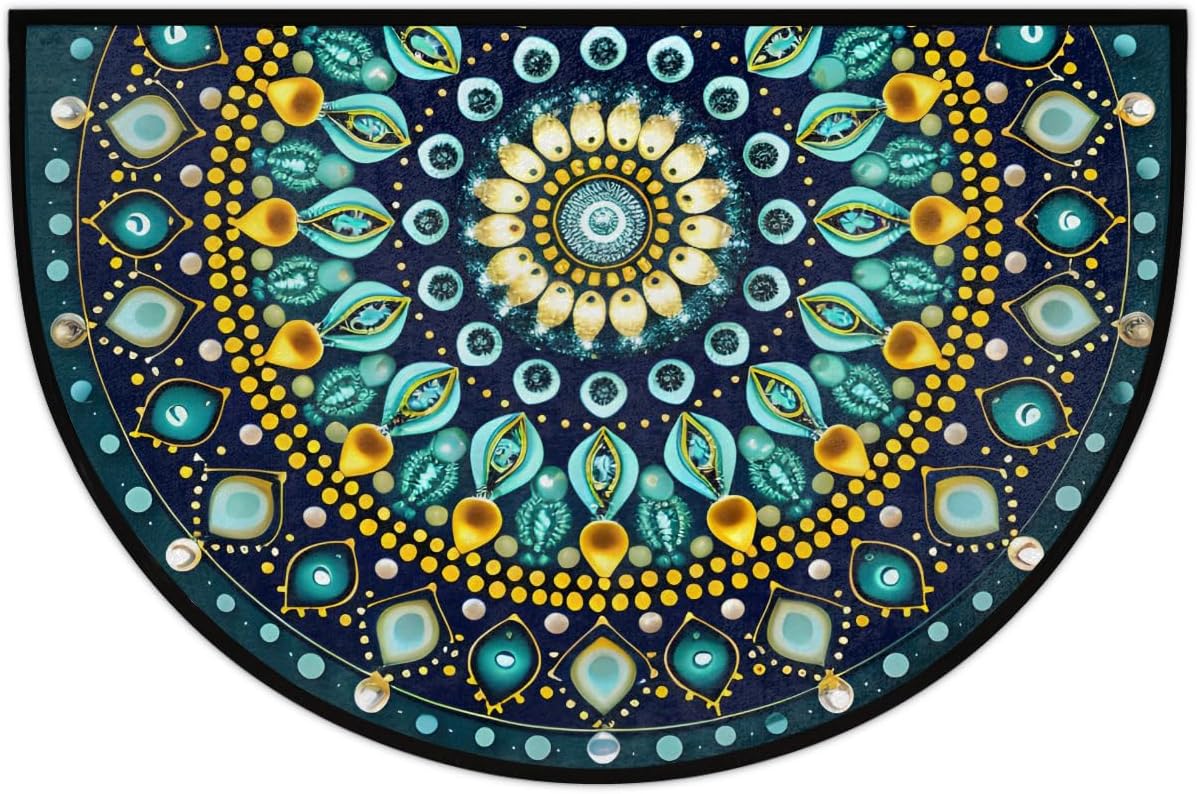 Half Round Doormat Teal Mandala Boho Floral Washable