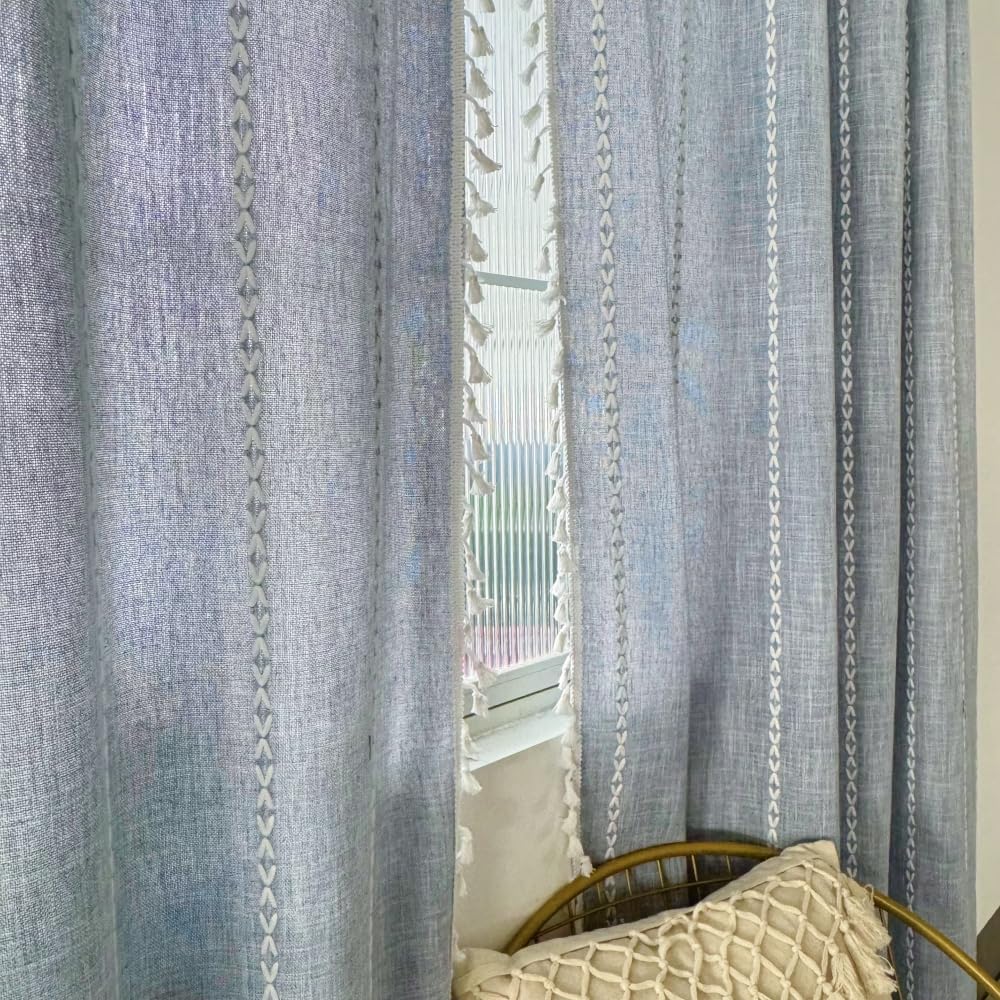 Amidoudou Striped Boho Curtain Pair Grayish Blue 54x96 Inch