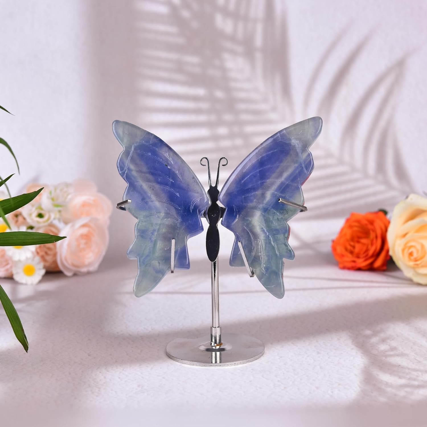 JIC Gem Blue Fluorite Crystal Butterfly Sculpture with Stand