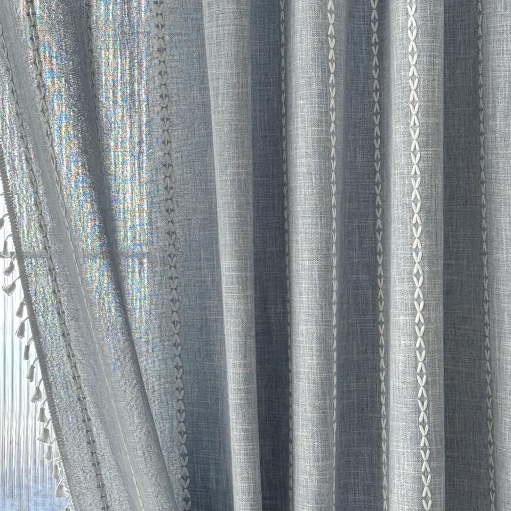Amidoudou Striped Boho Curtain Pair Grayish Blue 54x96 Inch