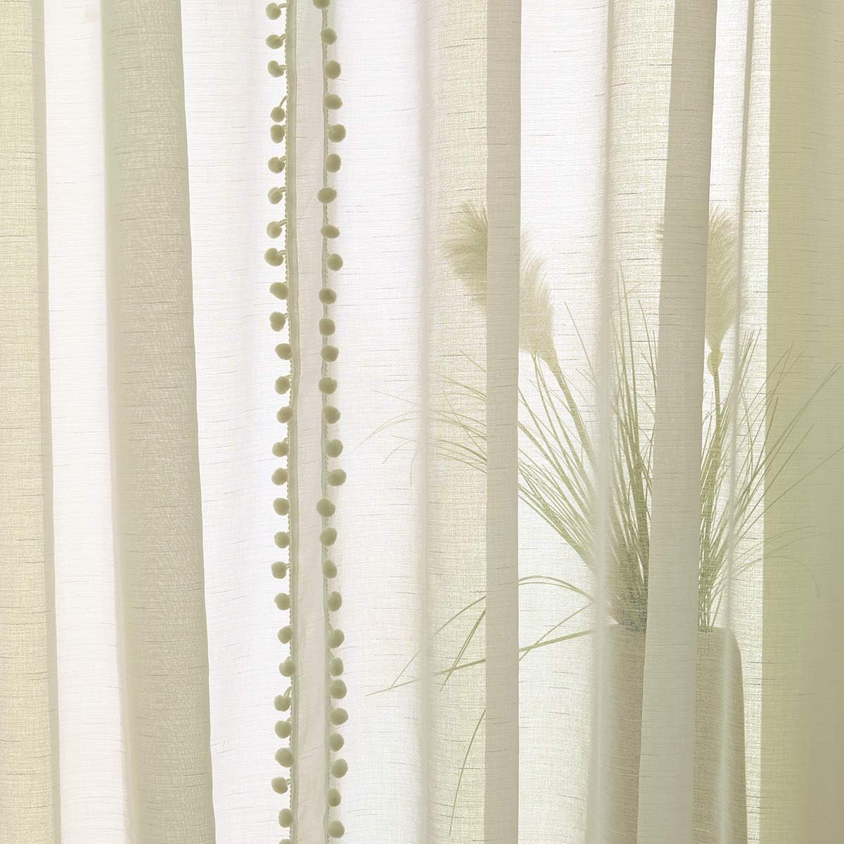 Treatmentex Sheer Linen-Look Curtains with Pom Pom Trim 2pcs