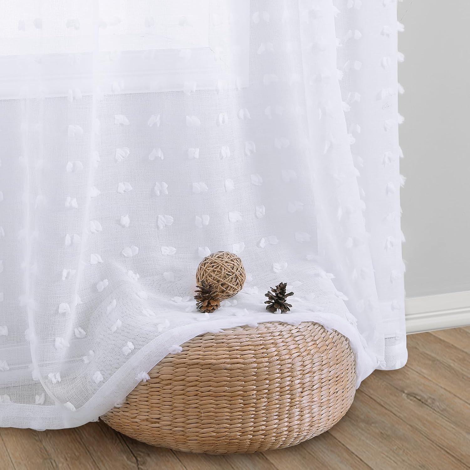 Guken Sheer Curtains with Pom Poms 96 Inch Length 2 Panels