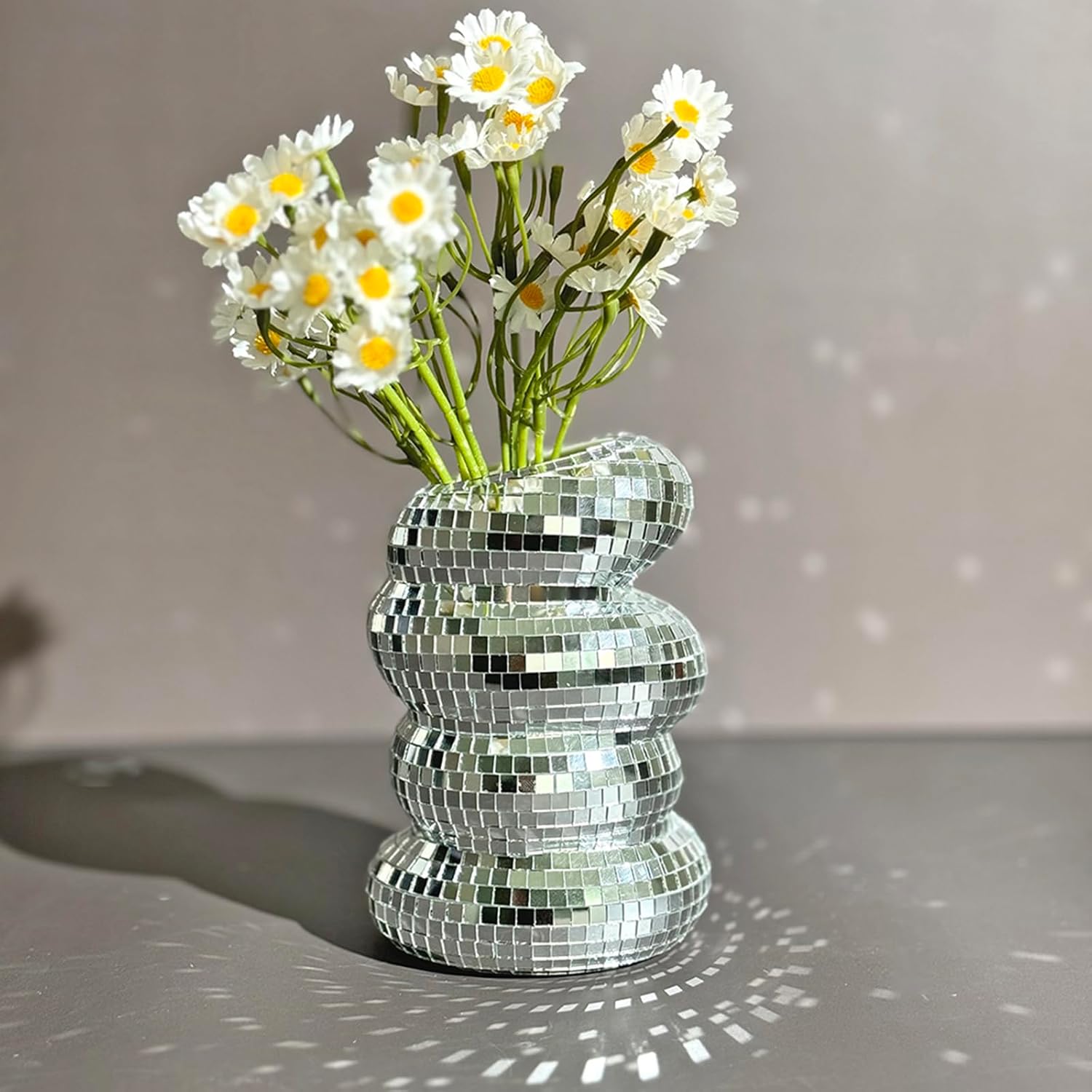 Disco Ball Spiral Vase with Silver Mirror Tiles