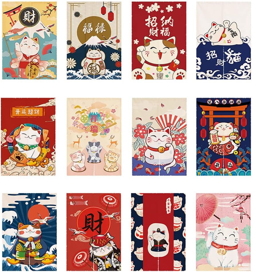Japanese Noren Door Curtain with Maneki Neko Lucky Cat Design