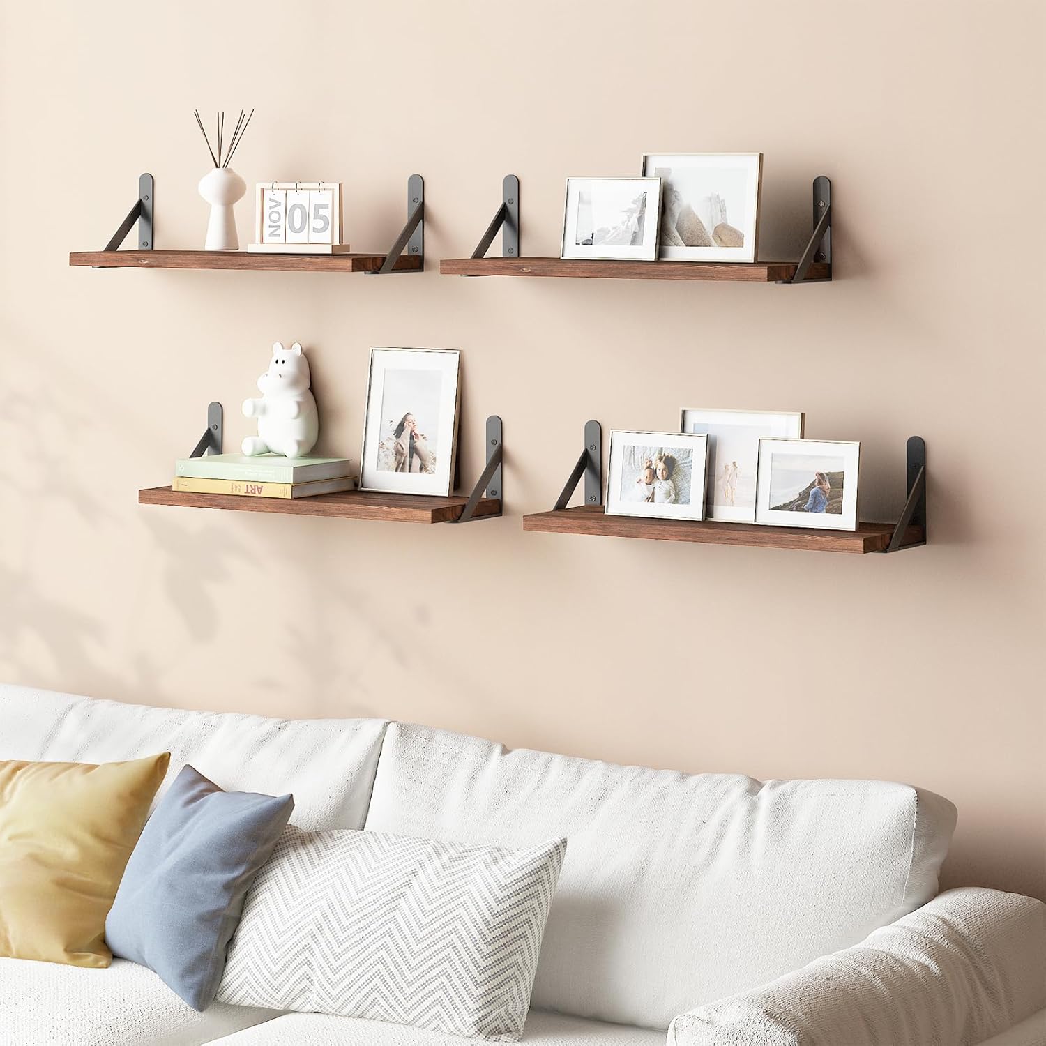 YGEOMER 165 Inch Floating Shelves Set of 6 Dark Carbonized Pine