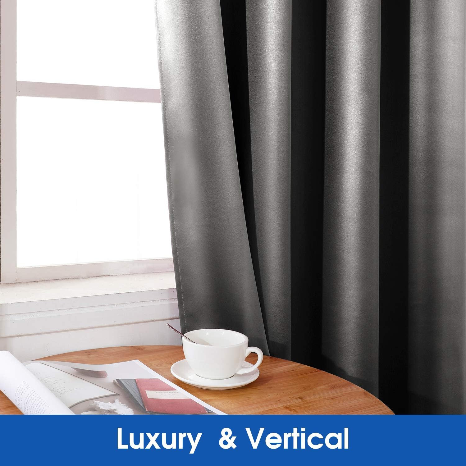 HOMEIDEAS 2 Panel Dark Grey Faux Silk Blackout Curtains