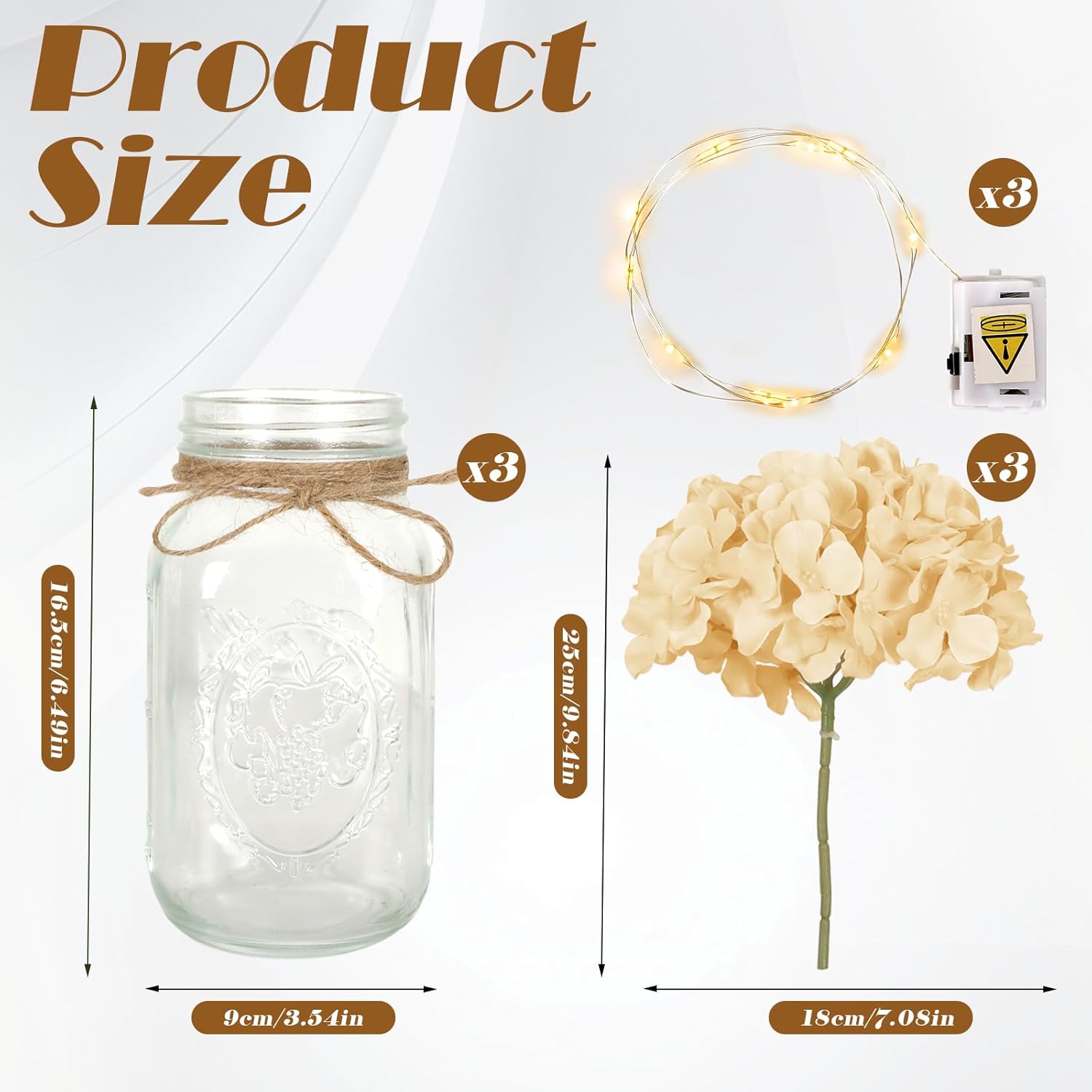 Set of 3 Mason Jars with Lights and White Hydrangeas