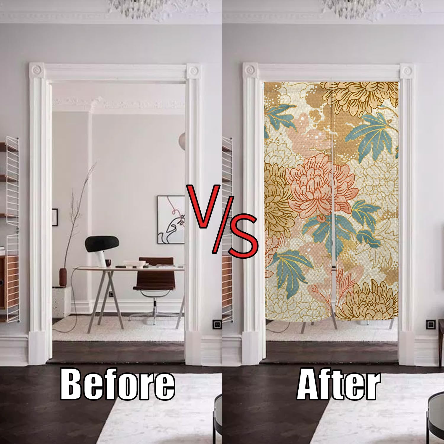 Boho Style Noren Doorway Curtain with Flowers Design