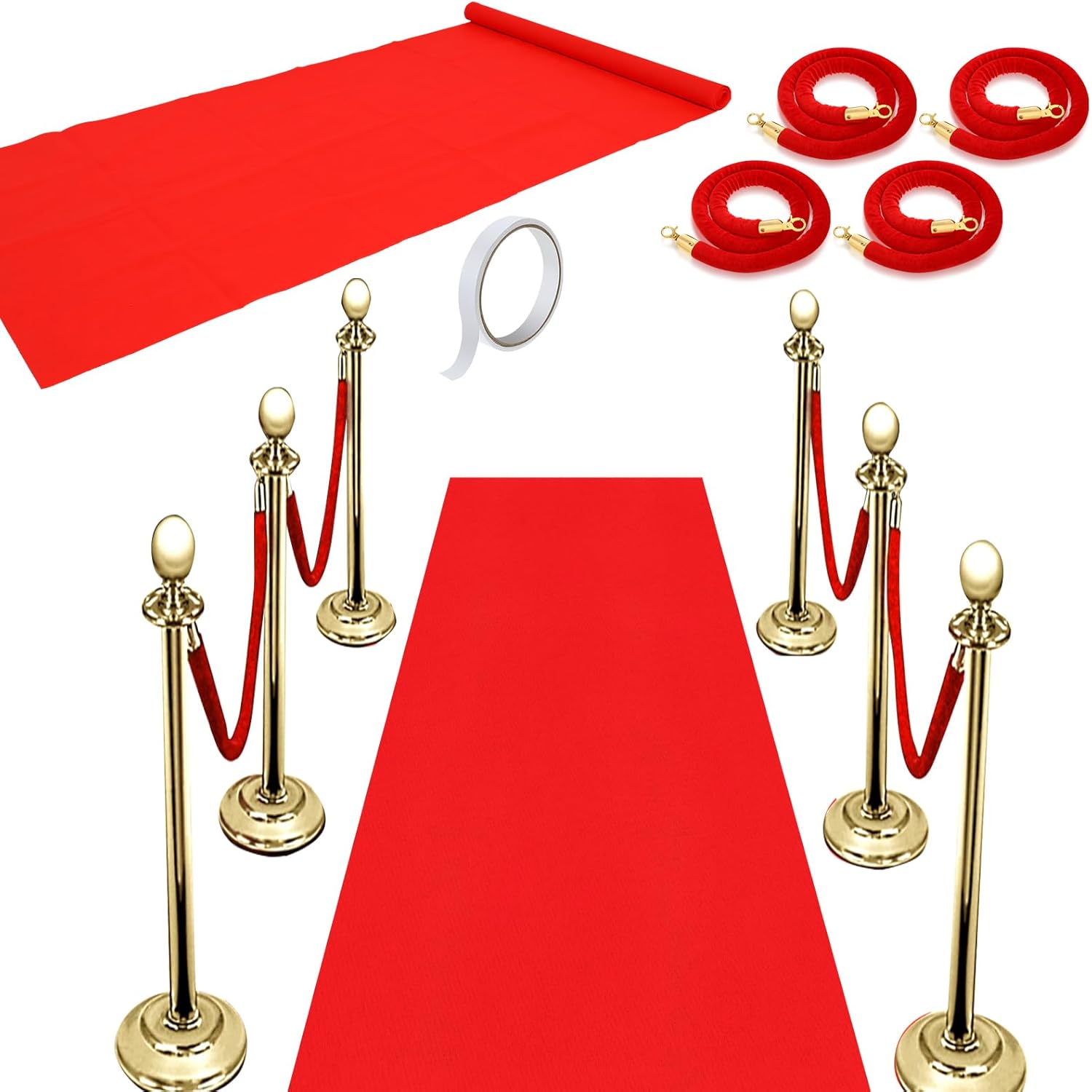 Red Carpet Runner 26x15ft with 4pcs Red Velvet Stanchion Ropes