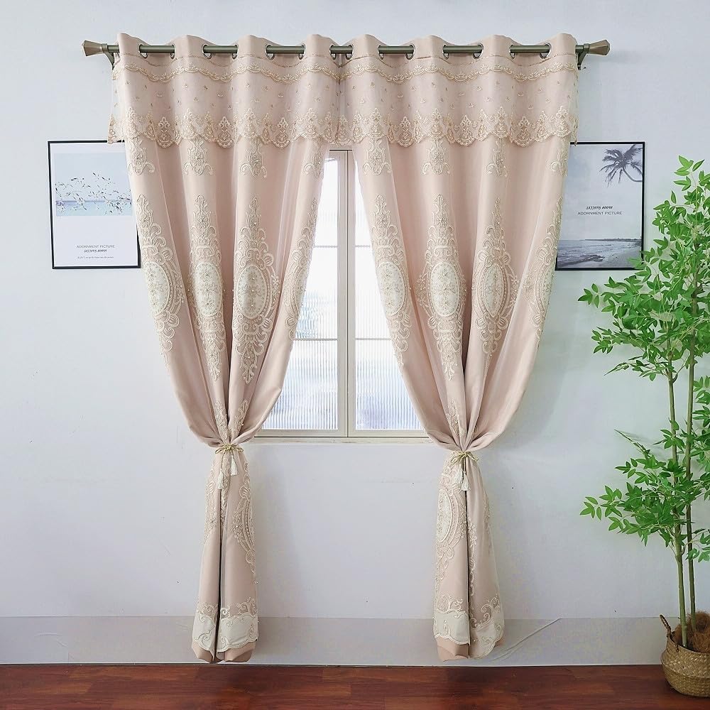 Amidoudou Khaki Double Layer Curtains with Valances