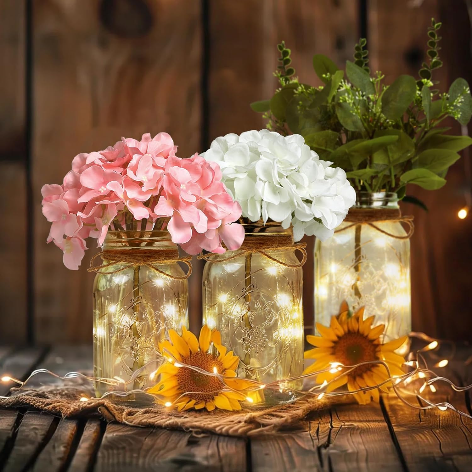 Set of 3 Mason Jars with Lights and White Hydrangeas