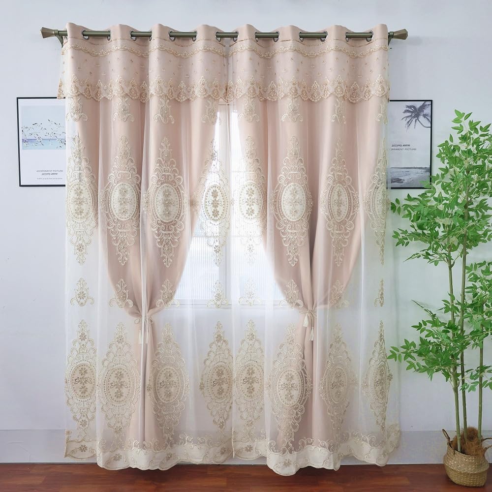 Amidoudou Khaki Double Layer Curtains with Valances