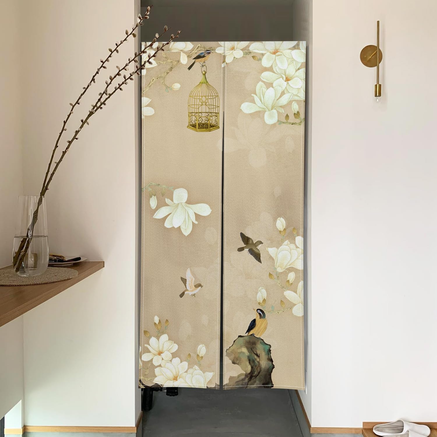 Japanese Noren Door Curtain with White Flowers and Birdcage Design