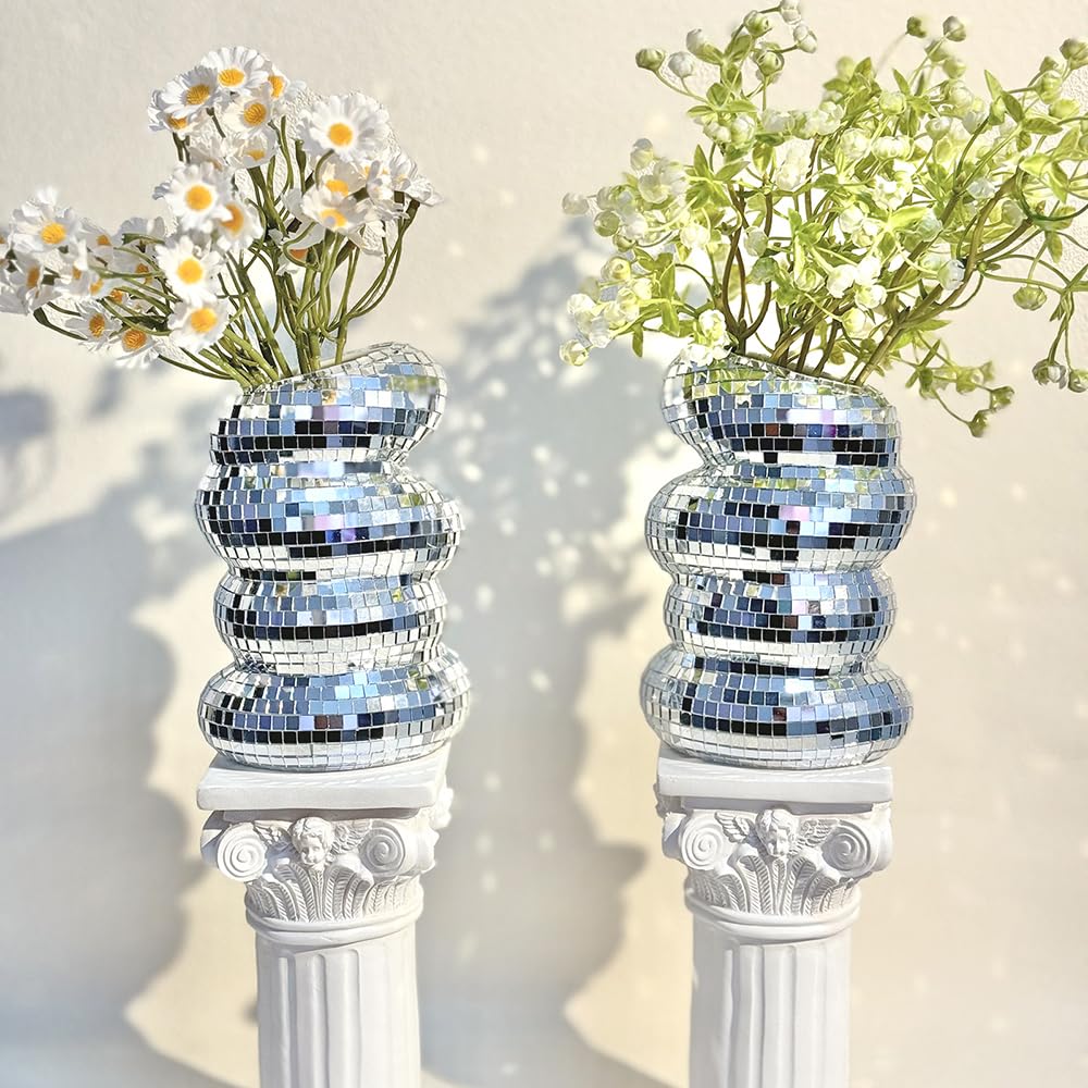 Disco Ball Spiral Vase with Silver Mirror Tiles