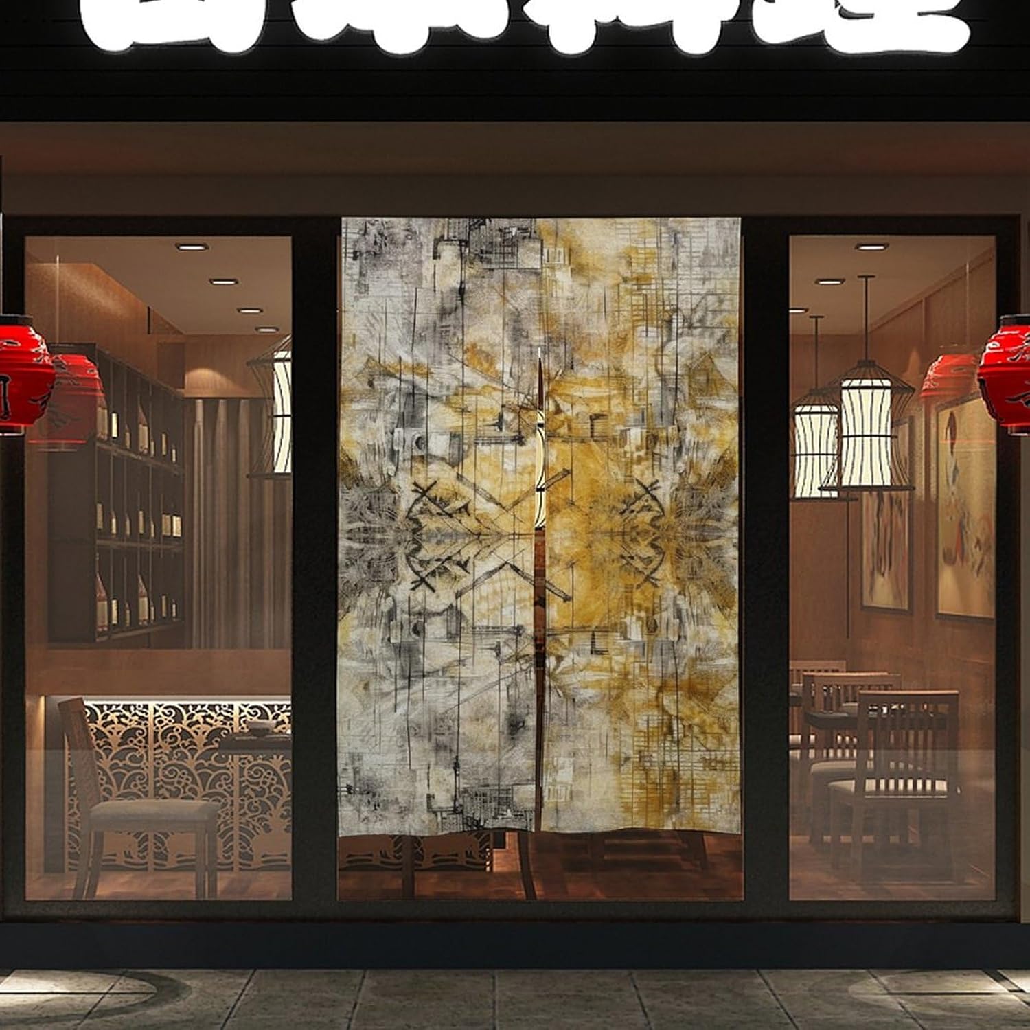 Japanese Noren Door Curtain Light Yellow and White Print
