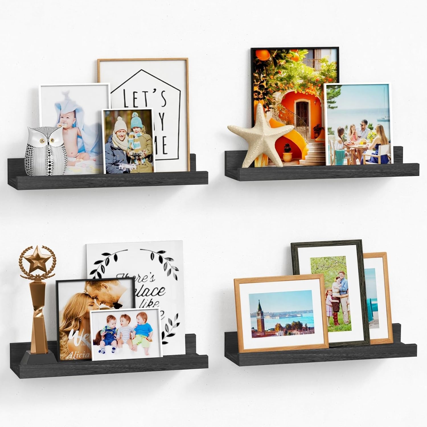 Forbena Black Floating Shelves Set of 4 Wall Mounted