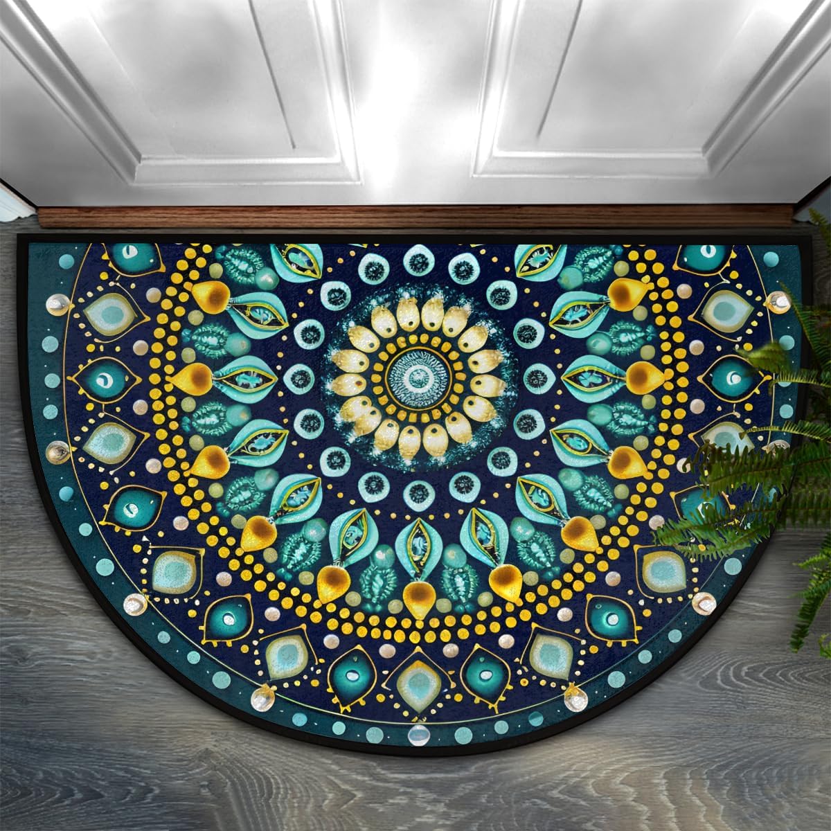 Half Round Doormat Teal Mandala Boho Floral Washable