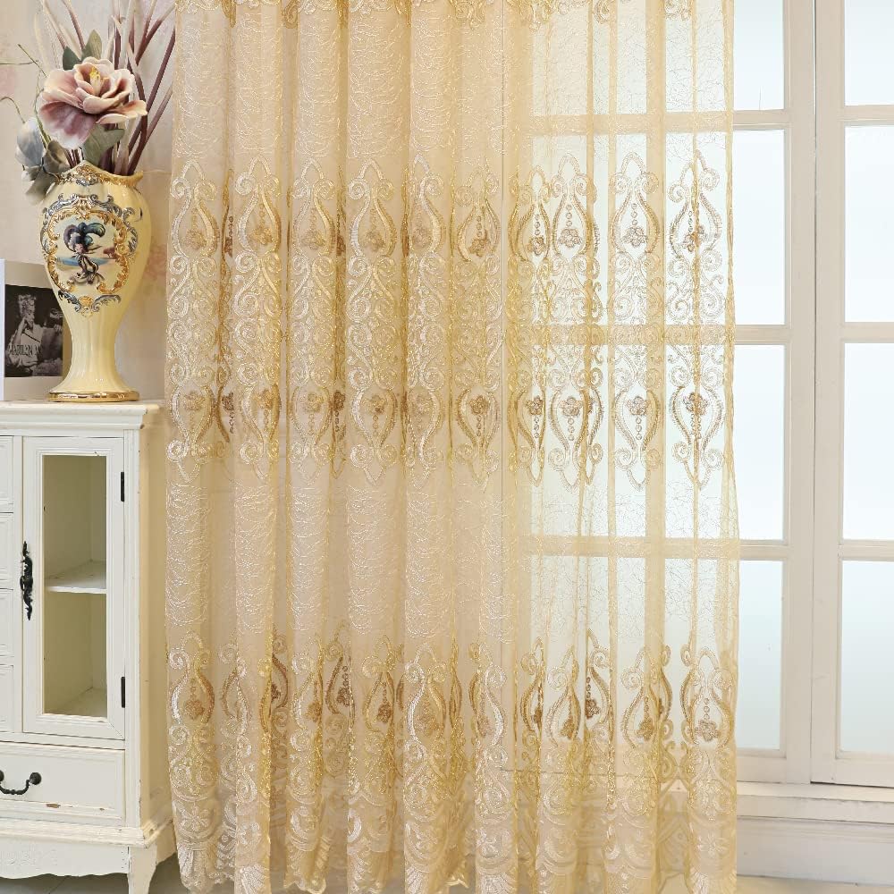 Amidoudou 1 Pair Gold Jacquard Sheer Curtains 51x90 Inch