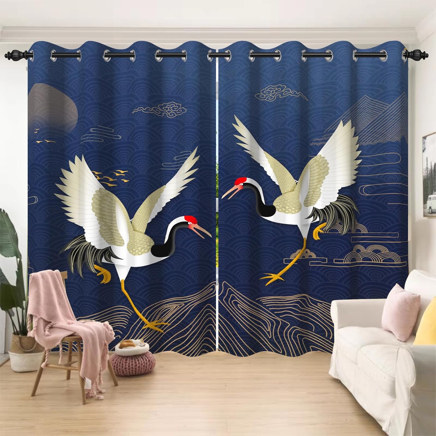 Japanese Style Window Curtains with Flying Crane Gold Pattern
