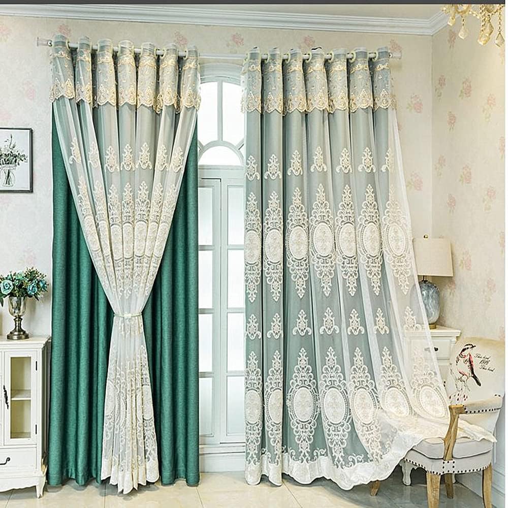 Amidoudou 1 Pair Double Layer Curtains with Valances Green 52x90 Inch