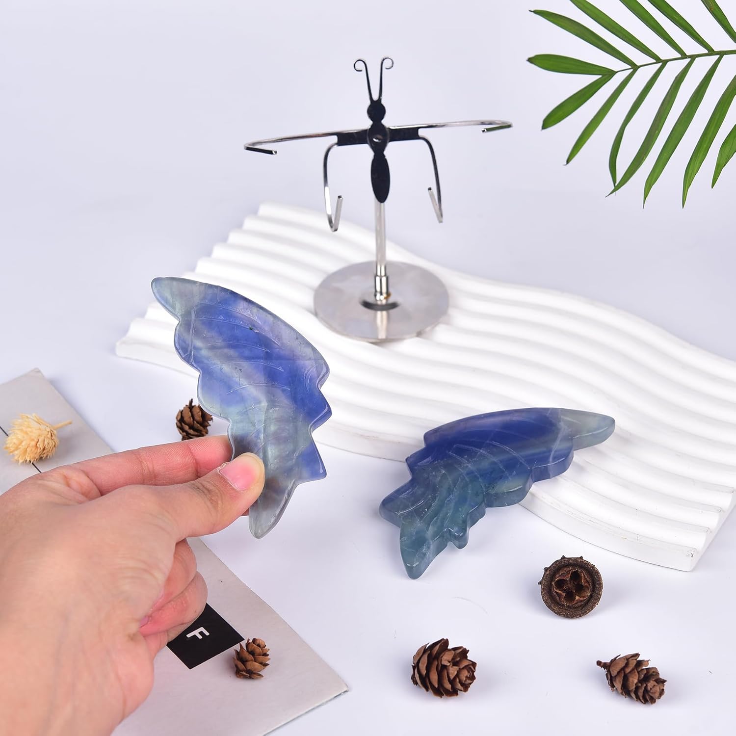 JIC Gem Blue Fluorite Crystal Butterfly Sculpture with Stand