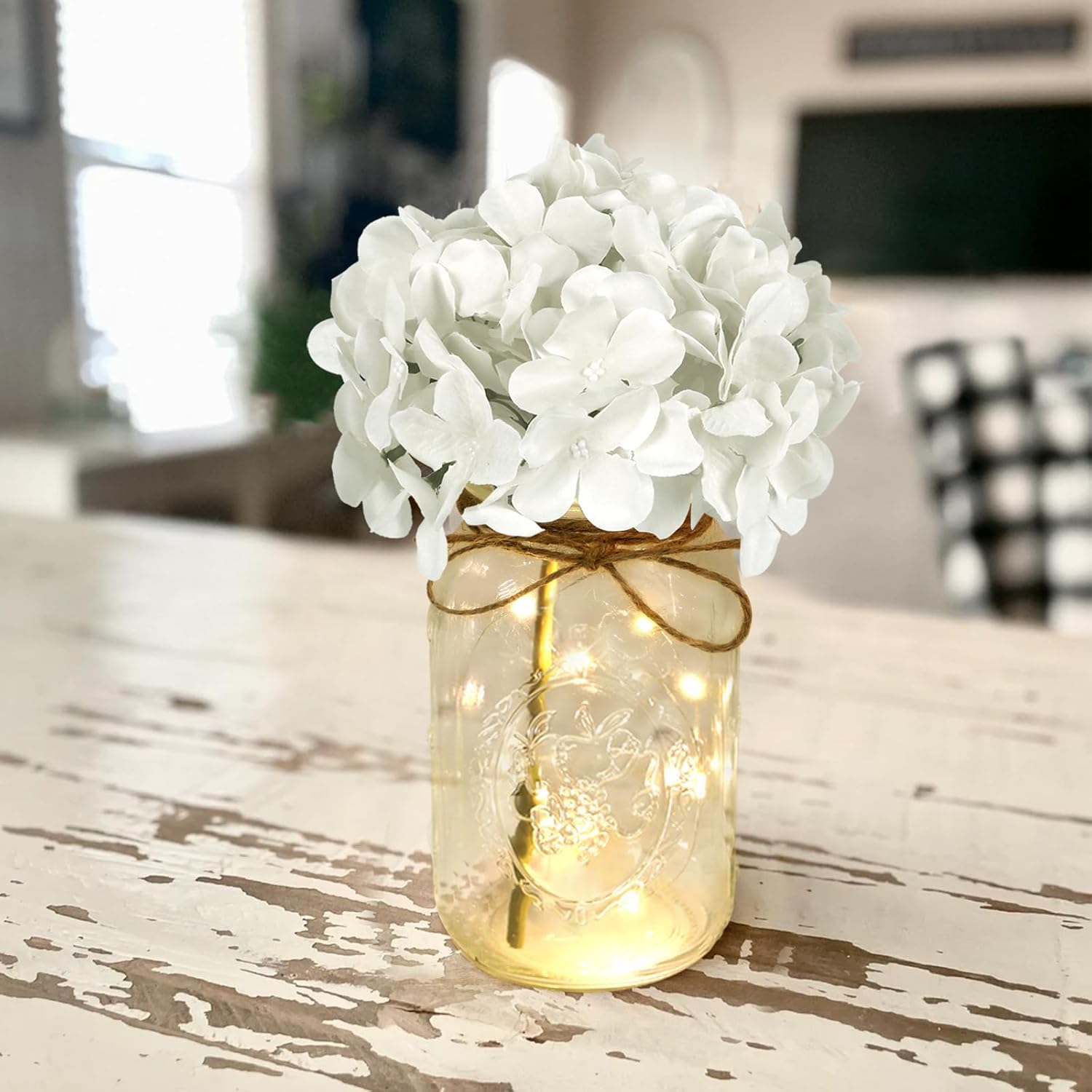 Set of 3 Mason Jars with Lights and White Hydrangeas