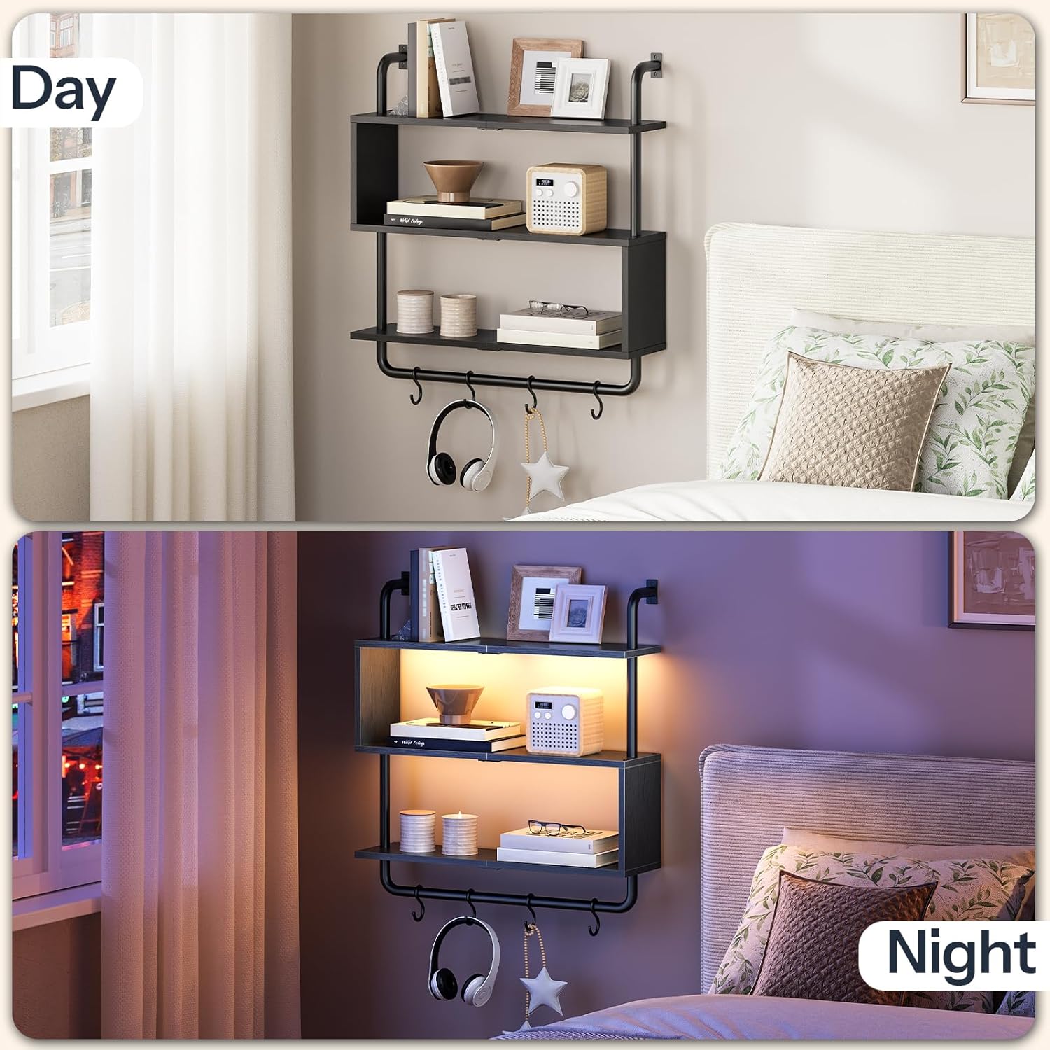 HOOBRO Floating Shelves with LED Lights 3-Tier