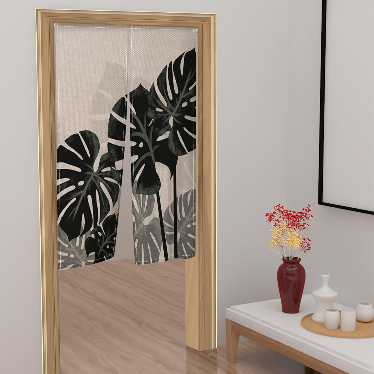 Leowefowa Japanese Noren Door Curtain with Tropical Leaves Design