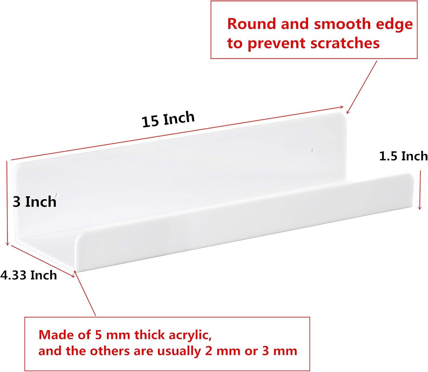 6 PCS White Wall Floating Shelf 15 Inch Acrylic Ledge Display Organizer
