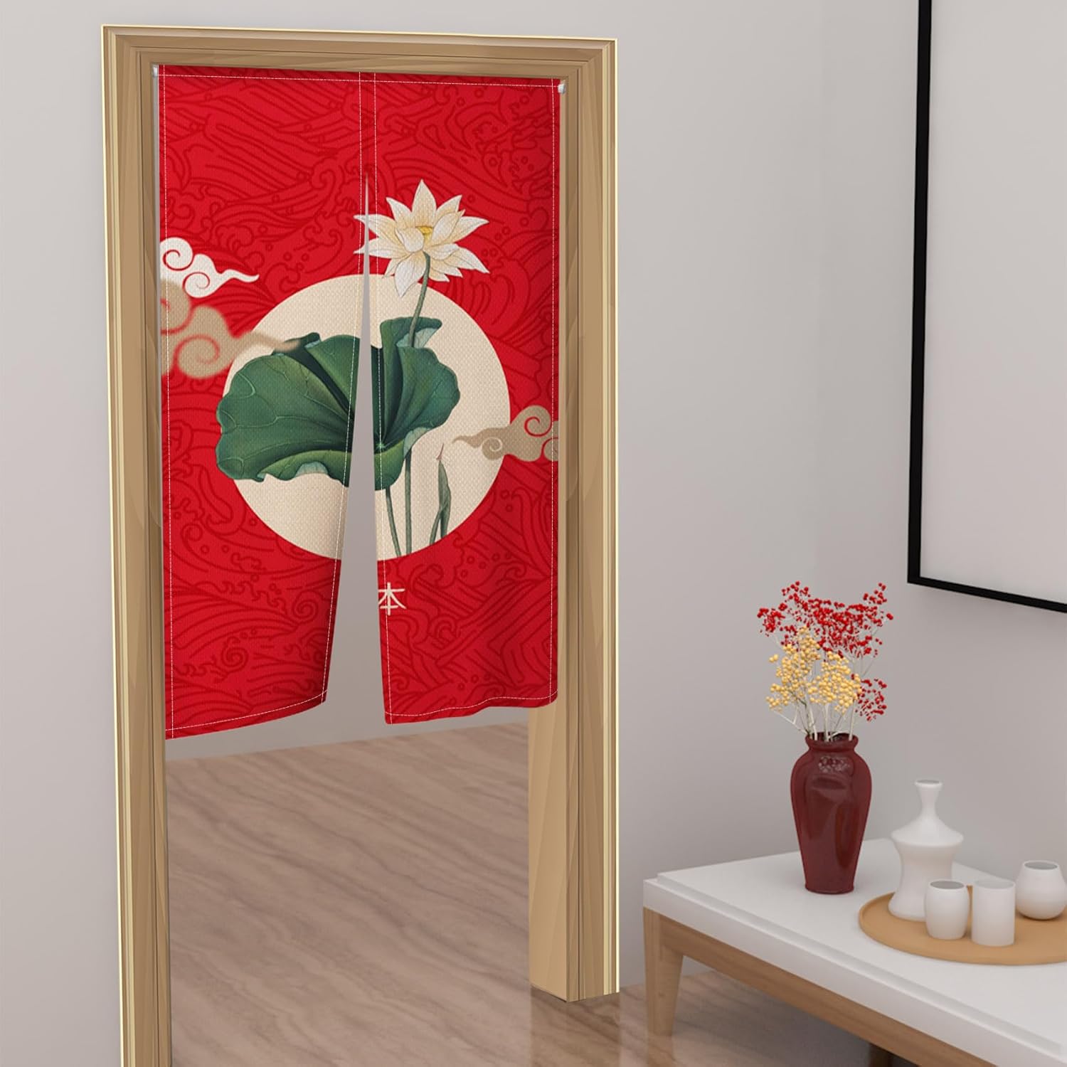Japanese Style Lotus Flower Printed Noren Curtain 34x60 Red