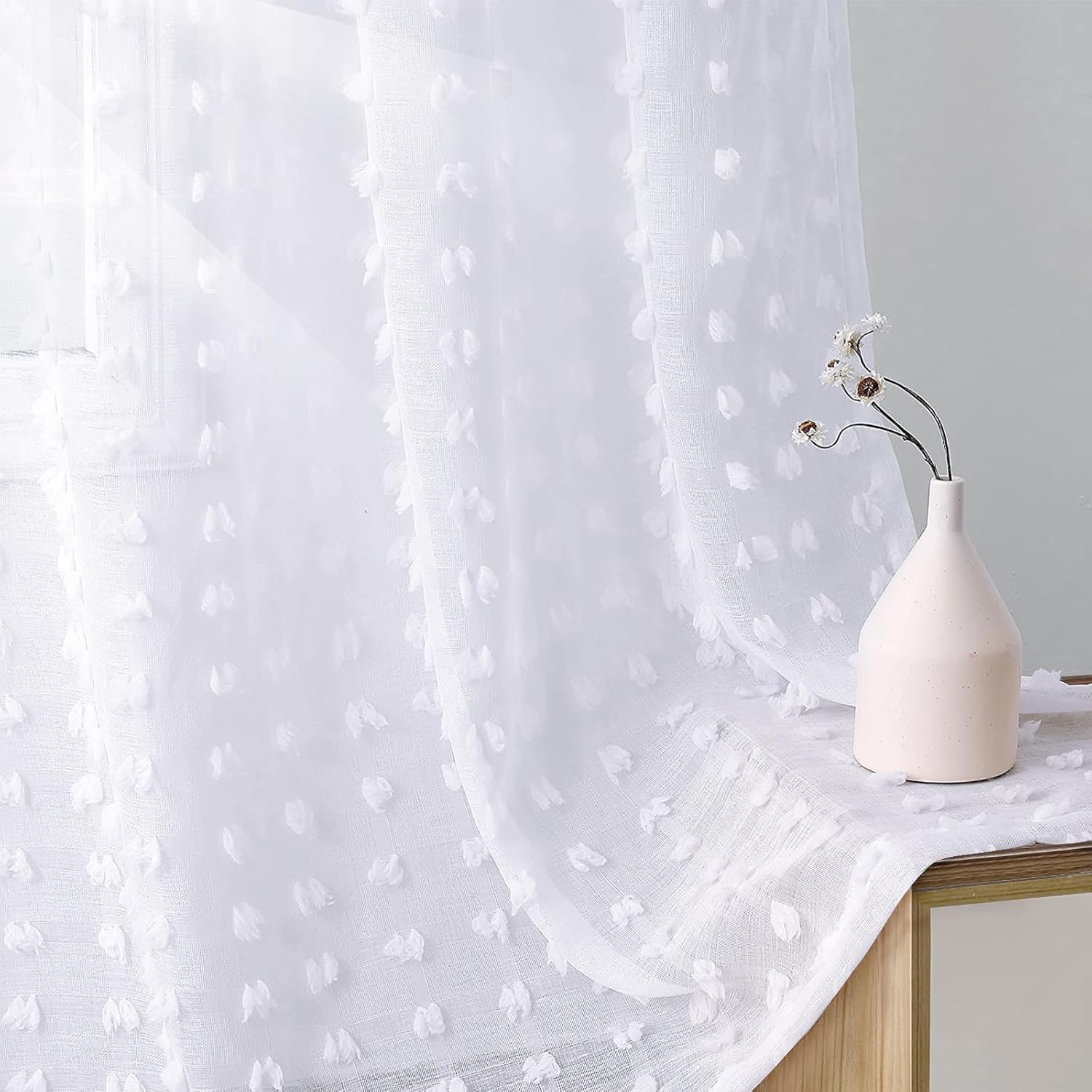 Guken Sheer Curtains with Pom Poms 96 Inch Length 2 Panels