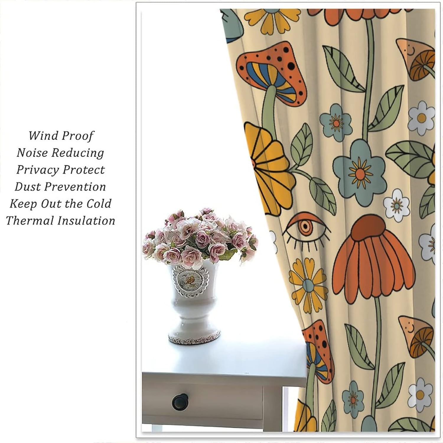 Retro Boho Floral Mushroom Curtains 52x84in Set