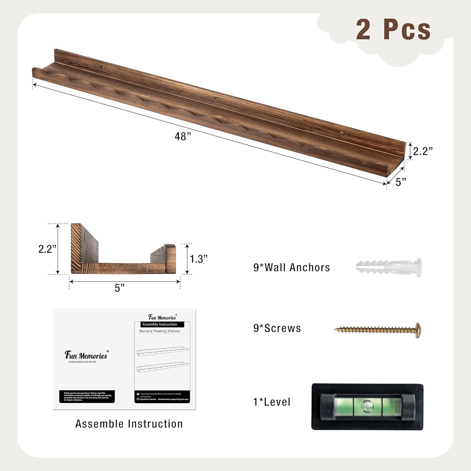 Fun Memories 48 Inch Pine Wood Floating Shelves Set of 2