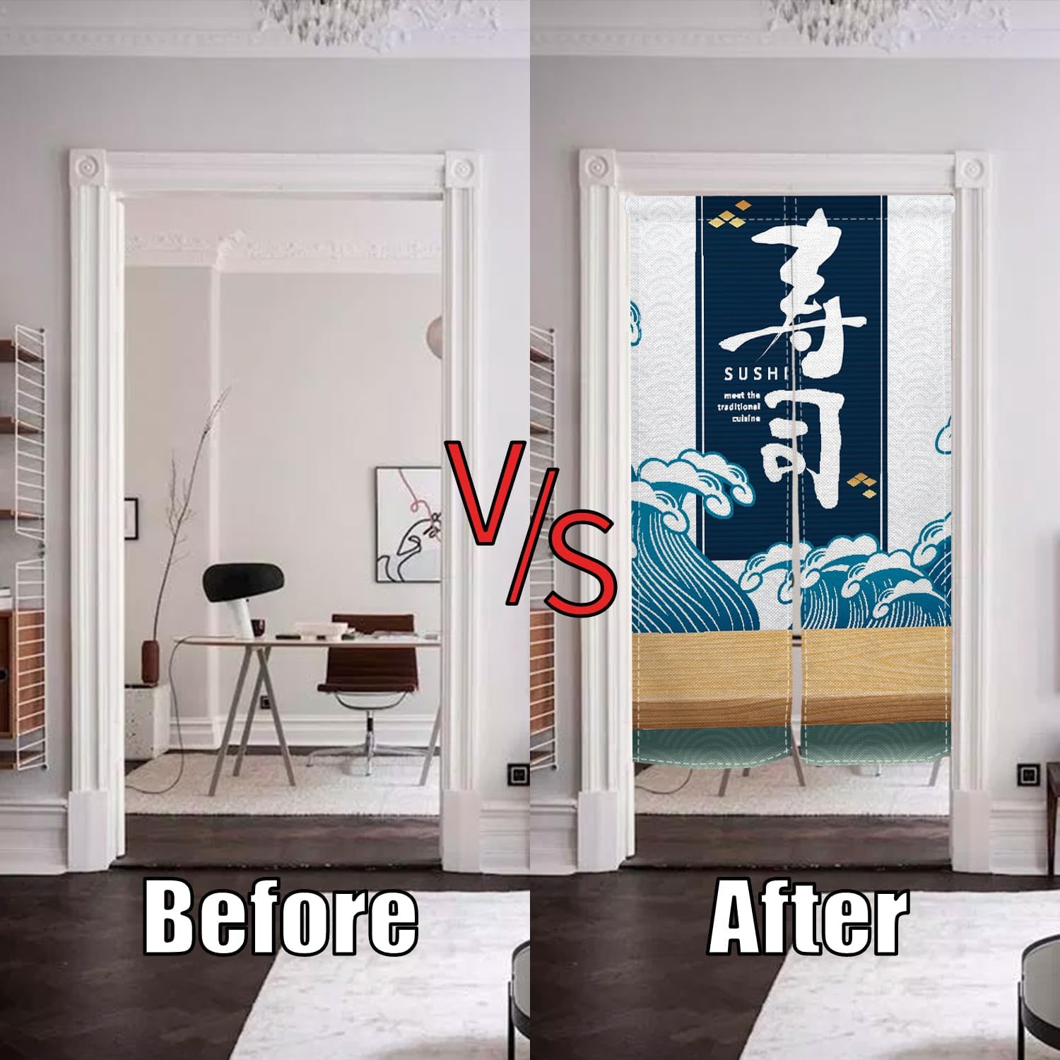 Japanese Noren Door Curtain with Sushi Print for Home Divider