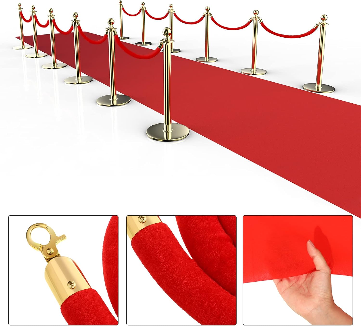 Red Carpet Runner 26x15ft with 4pcs Red Velvet Stanchion Ropes