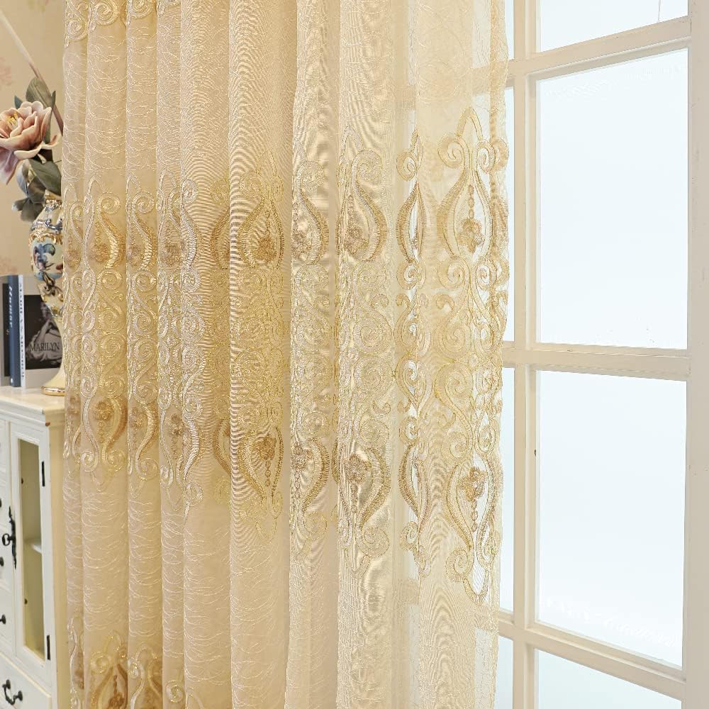Amidoudou 1 Pair Gold Jacquard Sheer Curtains 51x90 Inch