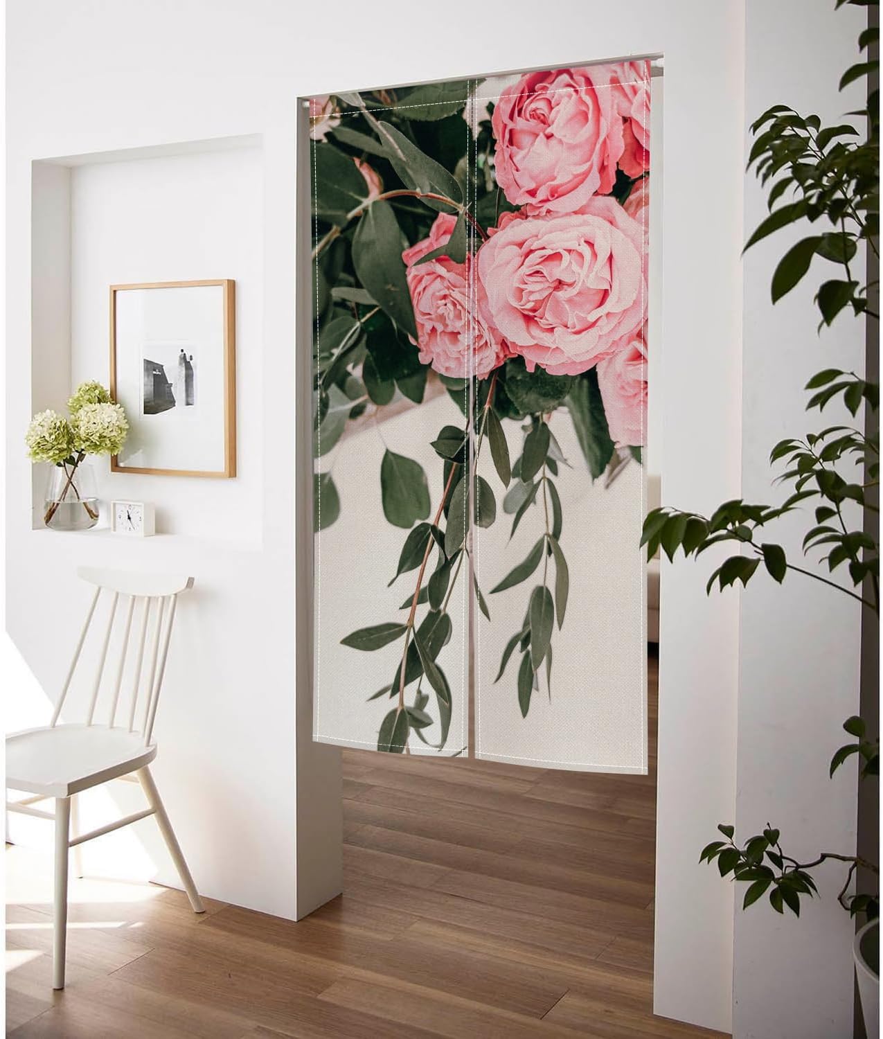 Japanese Noren Door Curtain with Bloomy Rose Print