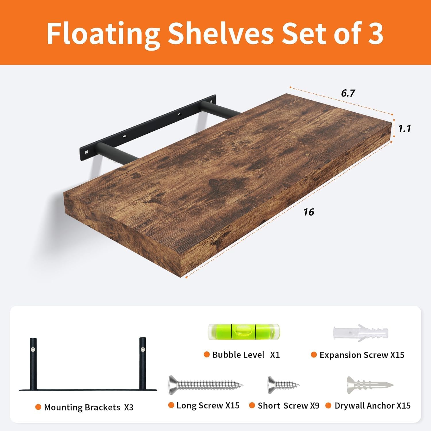 Set of 3 Floating Shelves in Rustic Brown