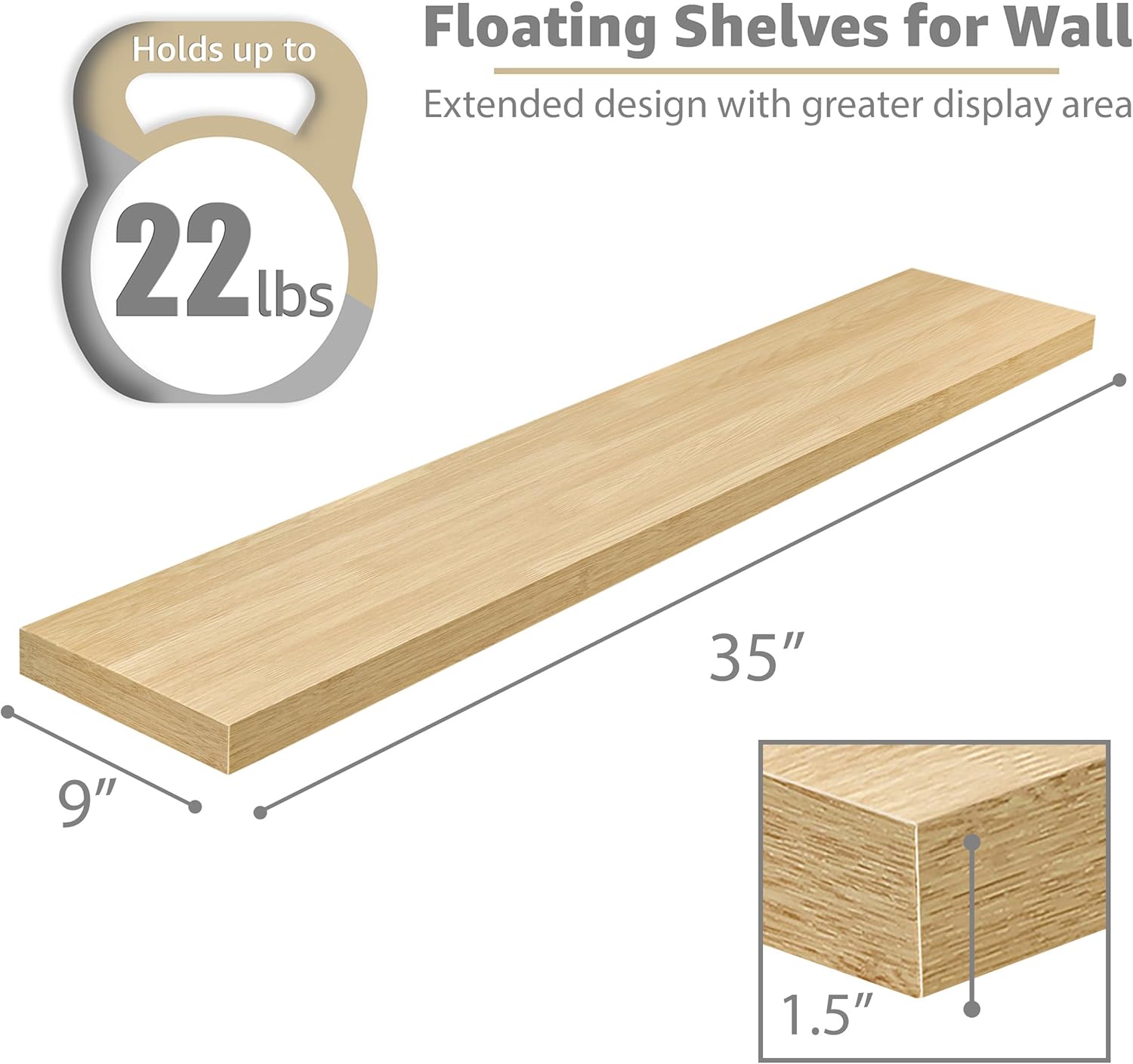 Sorbus Floating Shelf 35 Inch Maple Wood 2 Pack Wall Mount