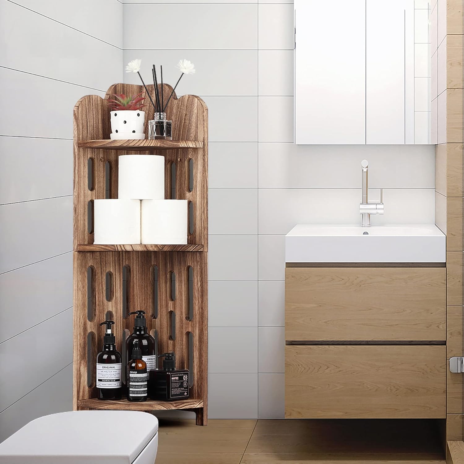 Meangood 3 Tier Solid Wood Corner Shelf Stand