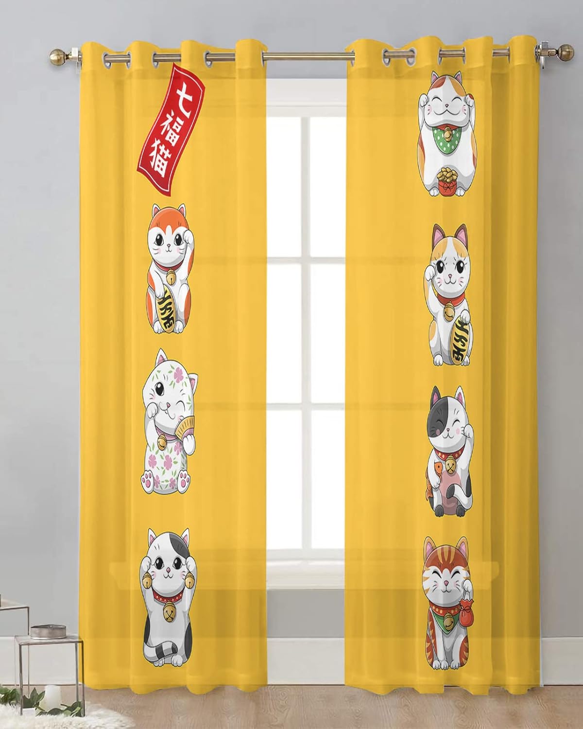 Falaniique Lucky-Cats Sheer Curtains 2 Panels Set