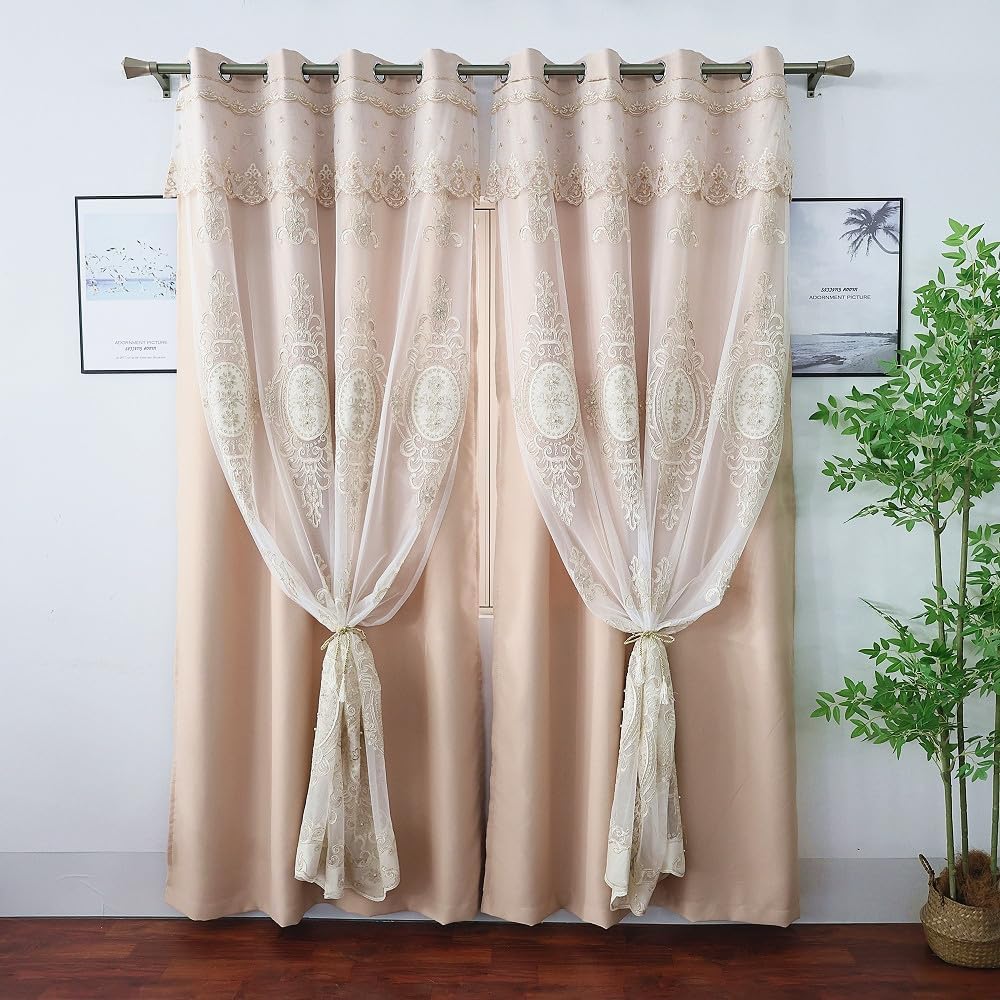 Amidoudou Khaki Double Layer Curtains with Valances