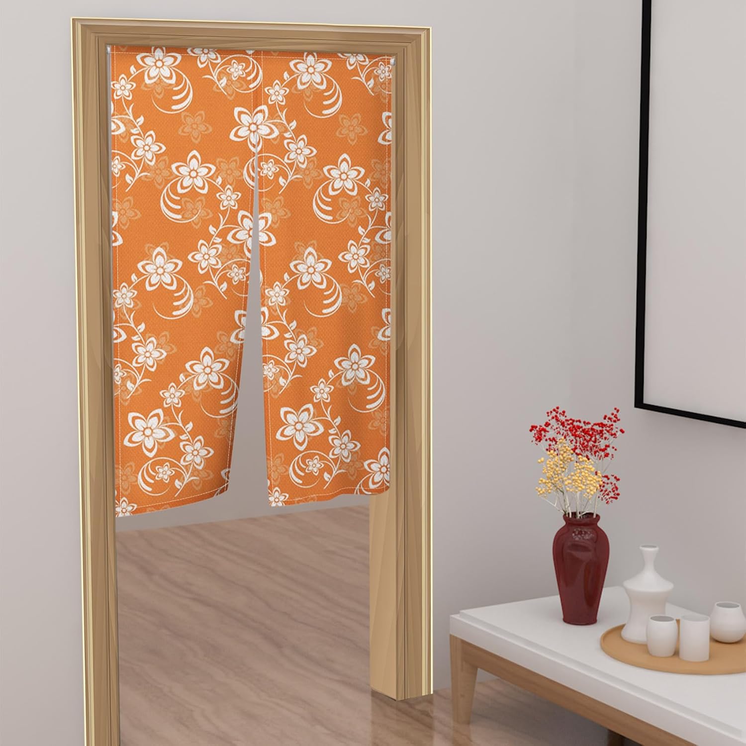 Long Japanese Noren Door Curtain with Bloomy Flower Design