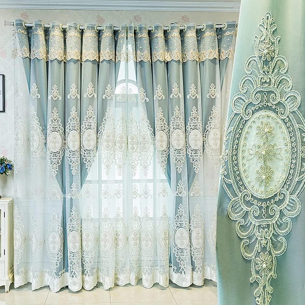Amidoudou 1 Pair Double Layer Curtains with Valances Green 52x90 Inch