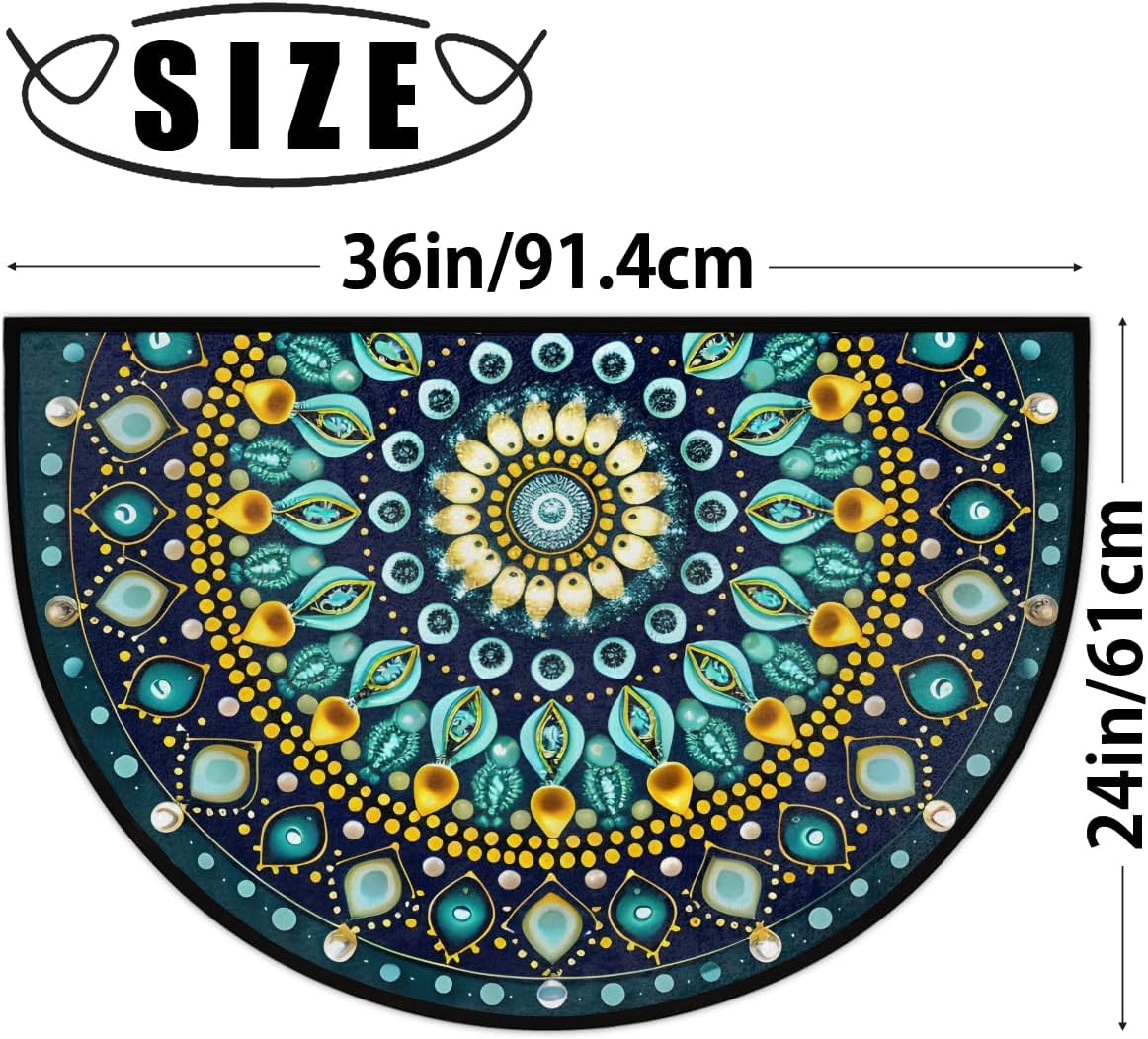 Half Round Doormat Teal Mandala Boho Floral Washable