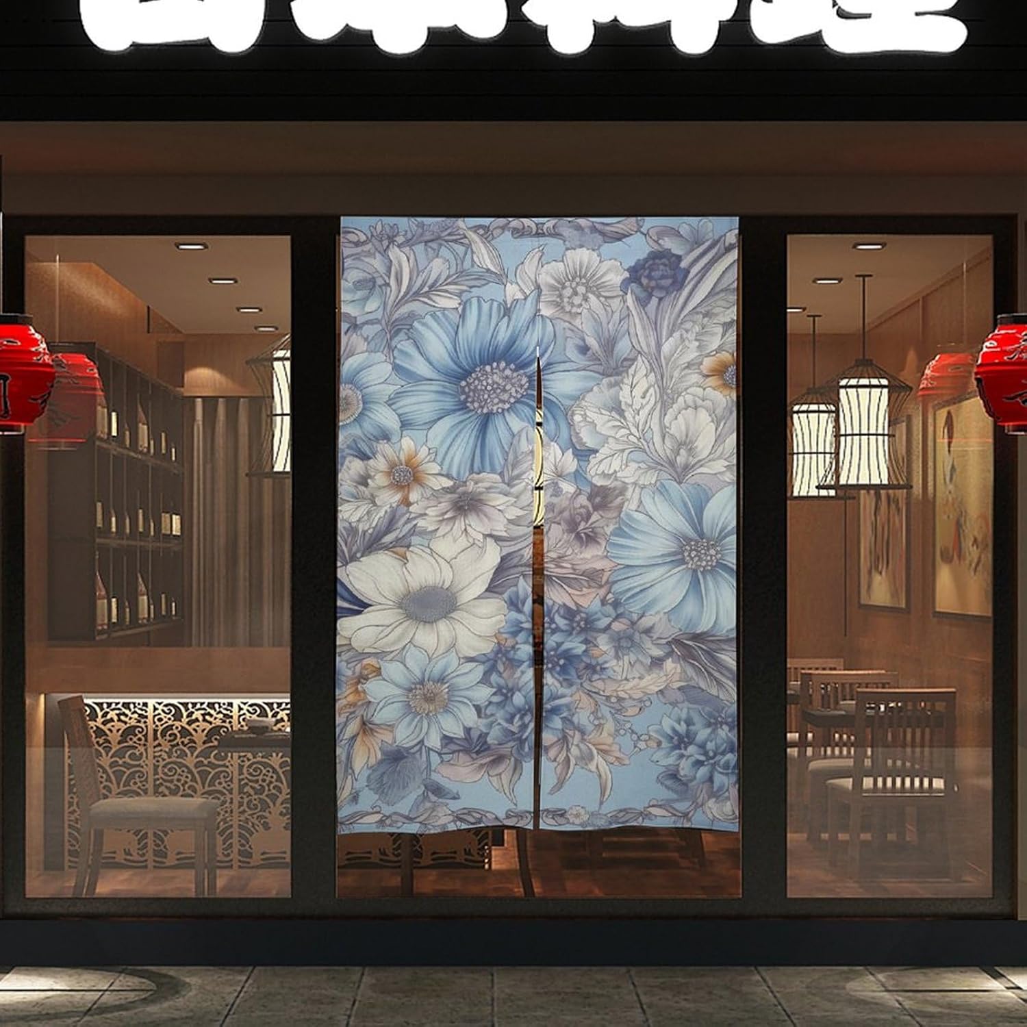 Japanese Noren Door Curtain with Hand Painted Flowers Design